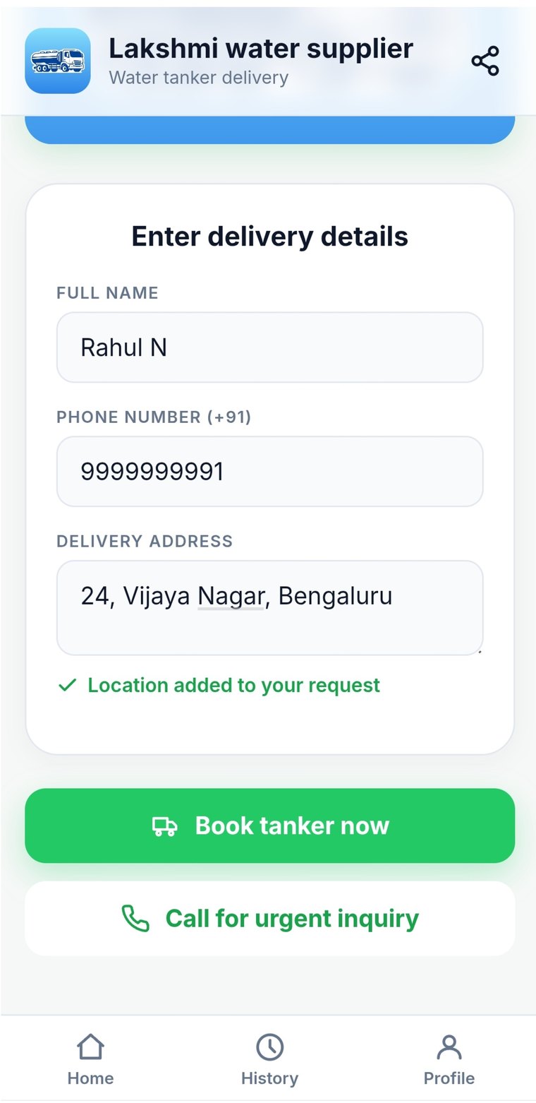 The booking page a customer sees after scanning the code: name, phone number and delivery address, with a Book tanker now button.