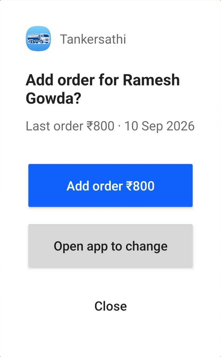 The prompt that appears when the call ends: Add order for Ramesh Gowda? Last order ₹800 on 10 Sep 2026, with an Add order ₹800 button.