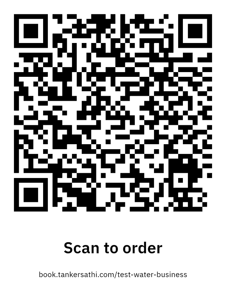 The printable sticker the app generates: a QR code above the words Scan to order and the business's booking address.